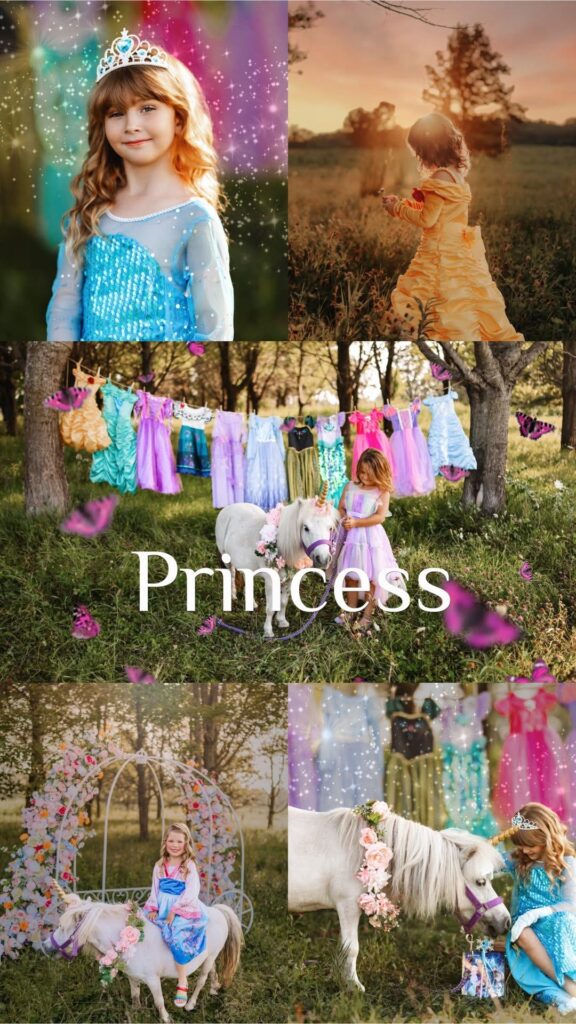 Girls in princess dresses with unicorn and flowers.