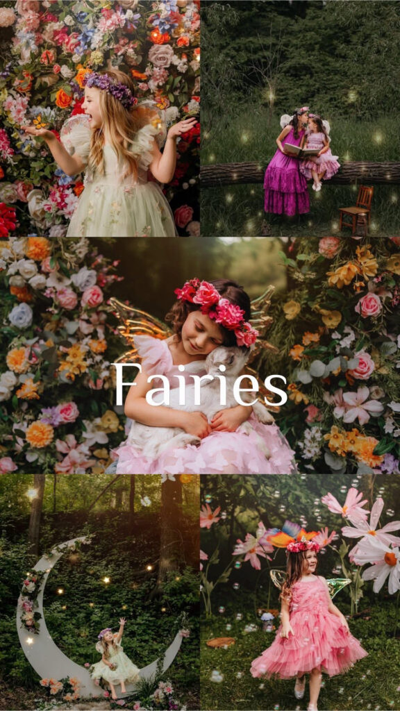 Children dressed as fairies in whimsical garden setting.